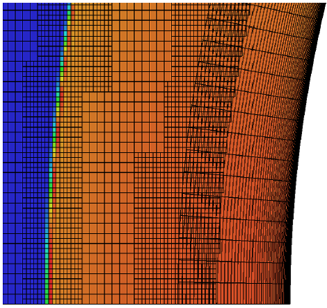 Figure 3: Shock resolution and surface representation with an overset strand/Cartesian AMR mesh.